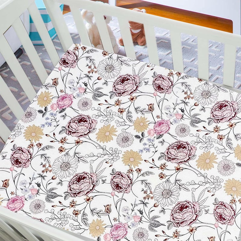 AMROSE 2 Pack Microfleece Crib Sheets, 28'' X 52'' Flannel Fleece Crib Fitted Sheets for Crib and Toddler Mattress Pad, Soft Comfy Warm Crib Sheets for Girls, Floral - Image 2